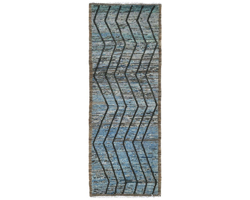 10 Feet Moroccan Blue Hand Woven Wool Runner Rug